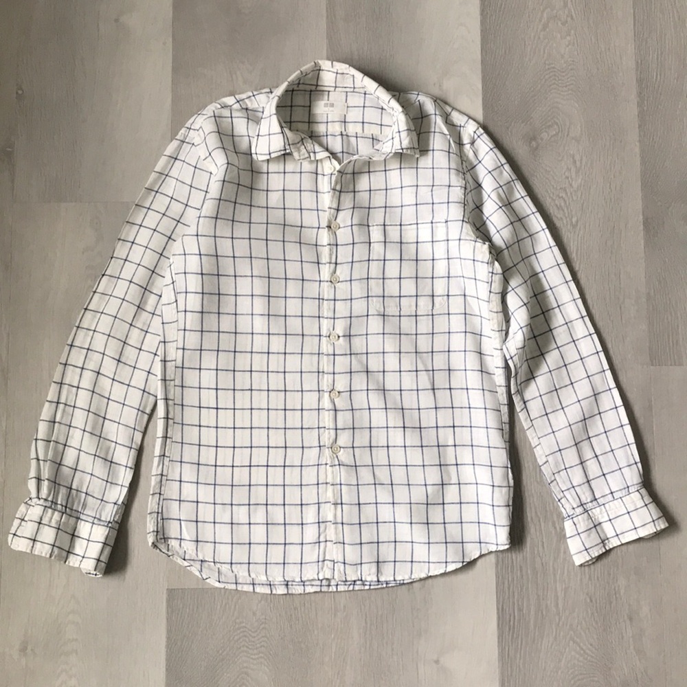 UNIQLO WINDOW PANE SHIRT 100% LINEN COLLARED LONG SLEEVE MWNS SMALL